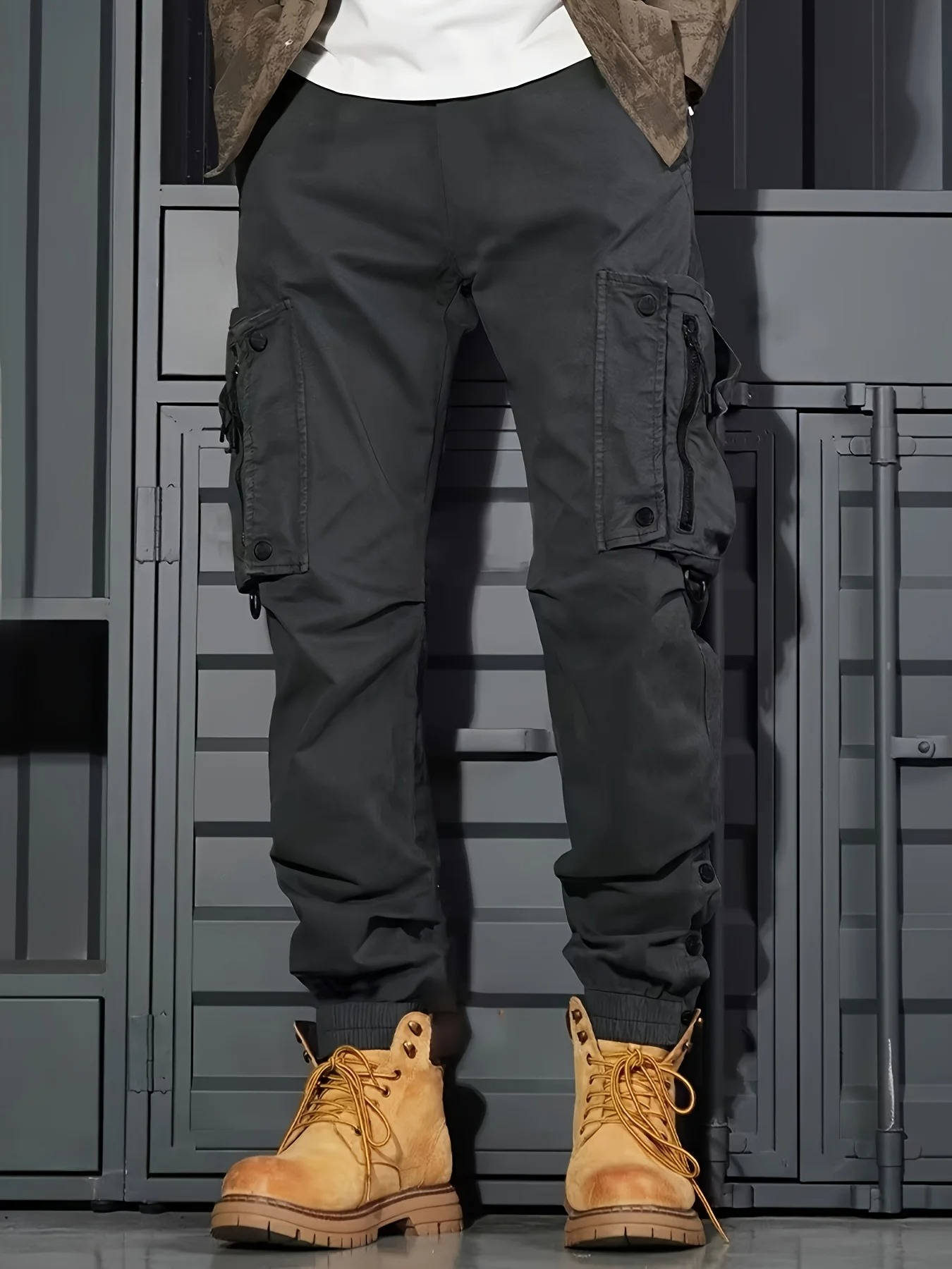 TrendAura Mens Cargo Jogger Pants With Multiple Pockets Durable Khaki Tactical Style For Outdoor Wear
