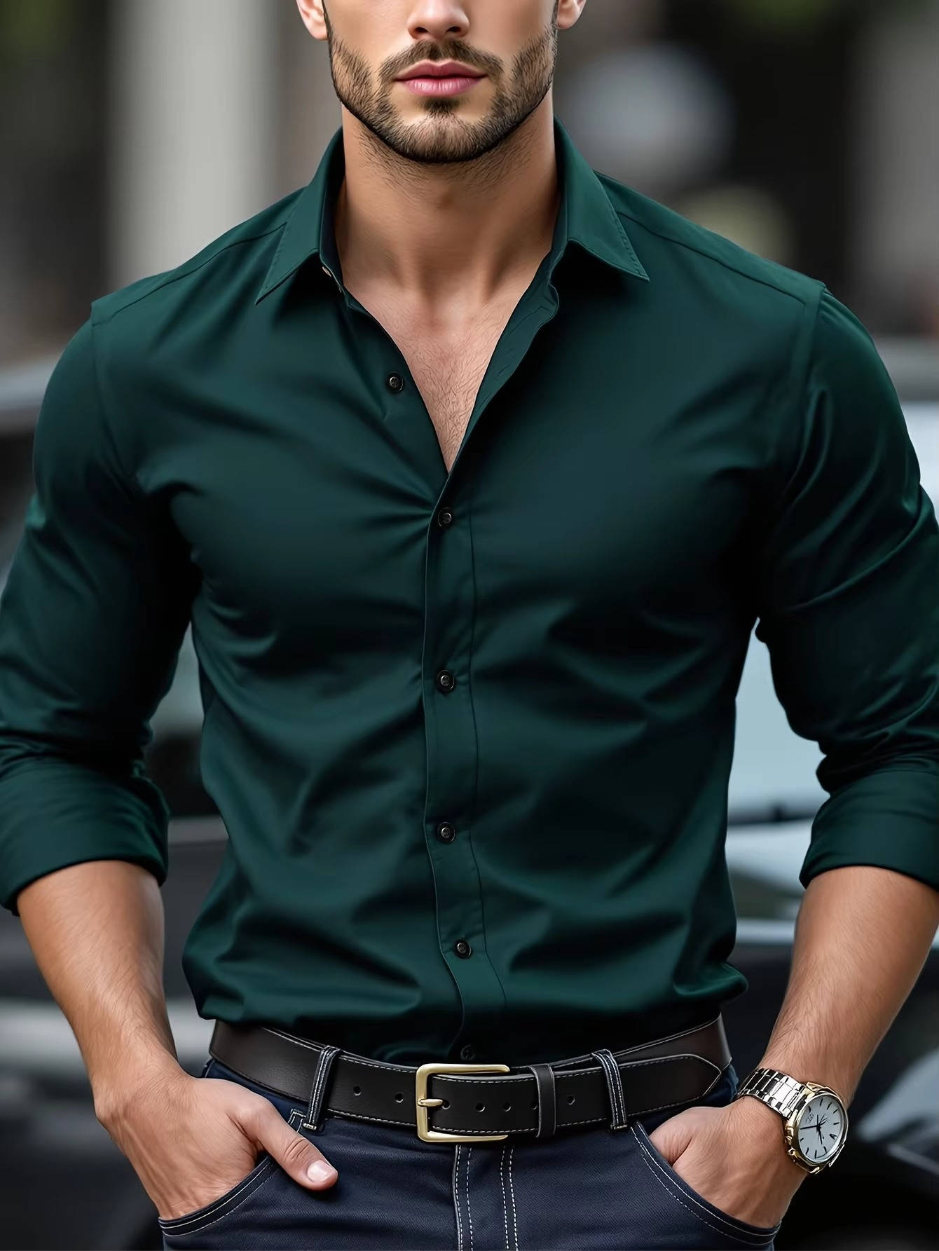 TrendAura Mens Long Sleeve Button Down Shirt With Cuffs Slim Fit Dress Shirt For Office And Casual
