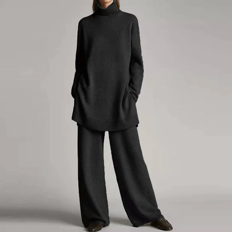Women’s Two-Piece Loungewear Set – Knit Turtleneck Top – Wool Blend - Oversized Fit – Wide-Leg Pants