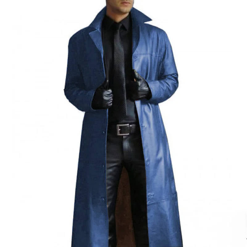 Mens Long Leather Trench Coat For Men Premium Full Grain Leather Classic Windproof Outerwear