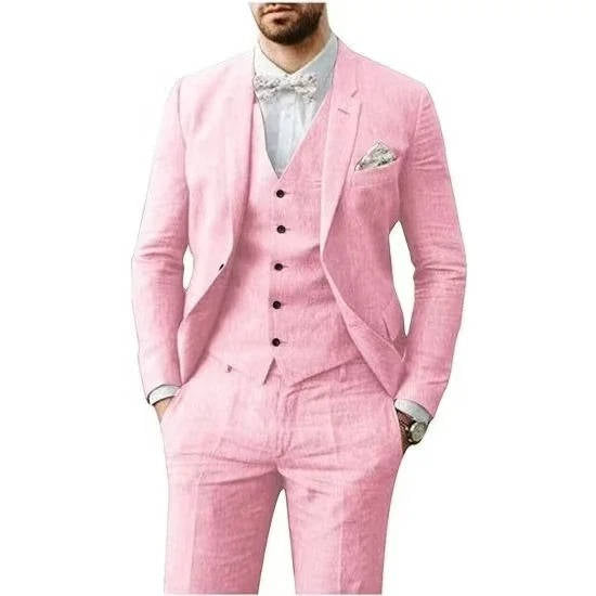 Men's Casual Linen Suit With Vest In Light Blue For Summer Weddings By TrendAura Brand