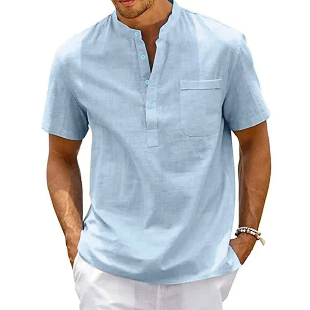Beige Men's Linen Henley Shirt Short Sleeves Lightweight Relaxed Fit Casual Summer Top With Chest Pocket