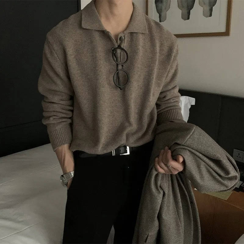 TrendAura Mens Korean Style Long Sleeve Knit Polo Collar Sweater Black Versatile Everyday Casual Wear