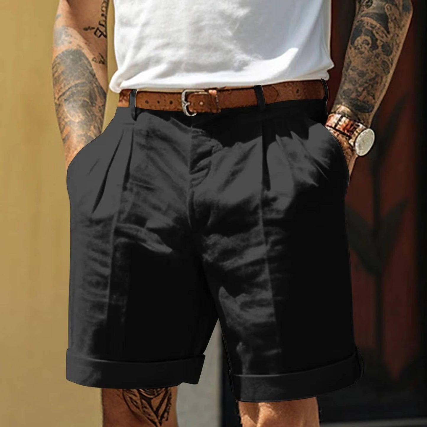 Mens Classic White Pleated Cotton Linen Blend Shorts With Cuffed Hem For Everyday Comfort