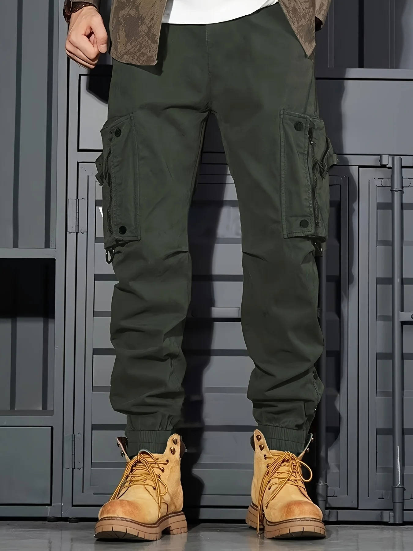 TrendAura Mens Cargo Jogger Pants With Multiple Pockets Durable Khaki Tactical Style For Outdoor Wear