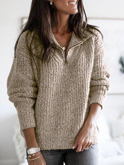 Ribbed Relaxed Fit Wool Zip-Up Sweater for Women – Cozy & Casual Comfort