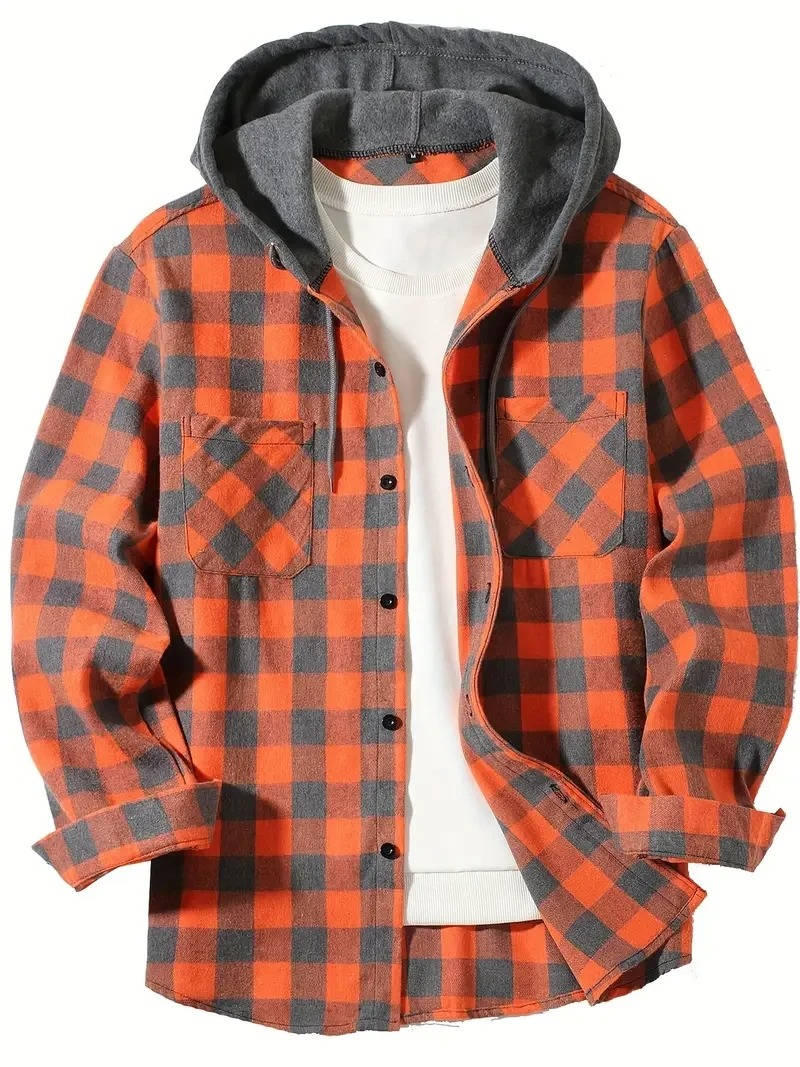 TrendAura Men's Hooded Flannel Shirt Red And Black Buffalo Plaid With Cozy Fleece Lined Hood