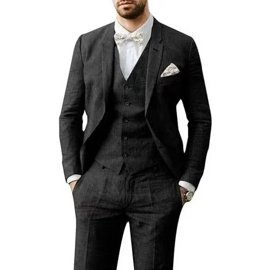 Men's Casual Linen Suit With Vest In Light Blue For Summer Weddings By TrendAura Brand