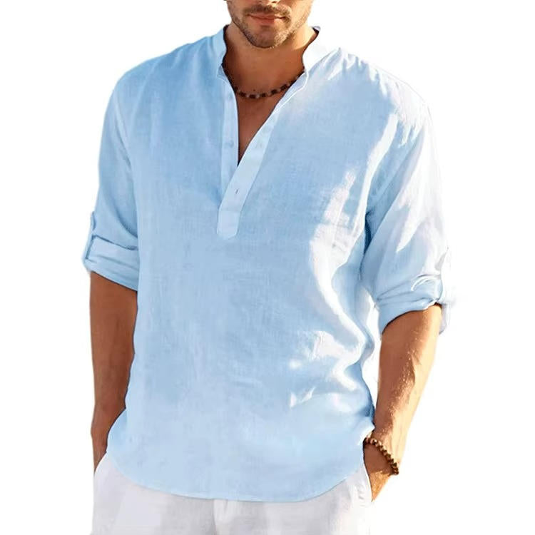 Men's Linen Henley Shirt With Rolled Sleeves Breathable Lightweight Casual Summer Style By TrendAura