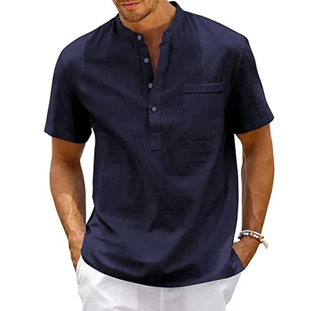 Beige Men's Linen Henley Shirt Short Sleeves Lightweight Relaxed Fit Casual Summer Top With Chest Pocket