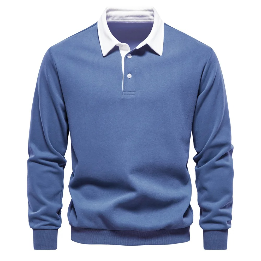 Mens Long Sleeve Polo Shirt Cotton Blend Comfort Fit Casual Everyday Wear Navy White Collar