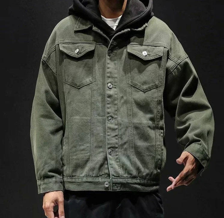 TrendAura Mens Olive Green Denim Jean Jacket For Weekend Warriors Timeless Front Button Closure And Chest Pockets