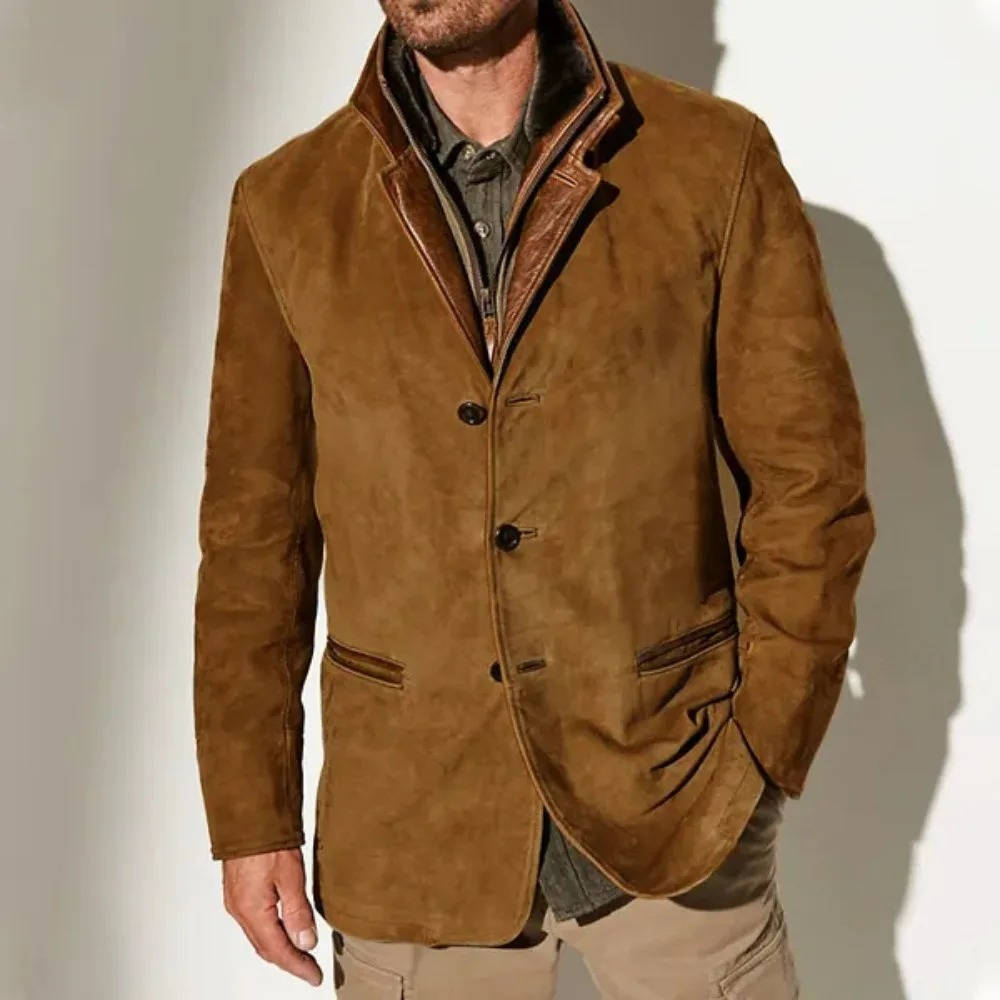 Men's Suede Blazer Jacket by TrendAura Olive Brown Suede with Leather Trim Dressy Casual Coat