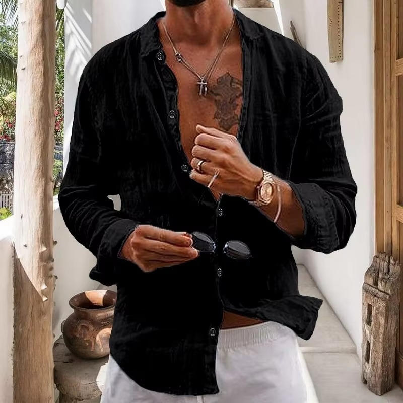 TrendAura Mens Linen Long Sleeve Shirt Breathable Lightweight Casual Daily Wear Top Natural Beige