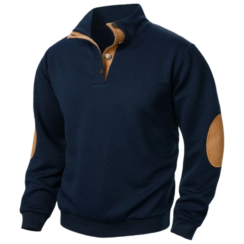 Men's Casual Sweatshirt with Relaxed Fit Stand Collar Textured Fabric and Elbow Patches