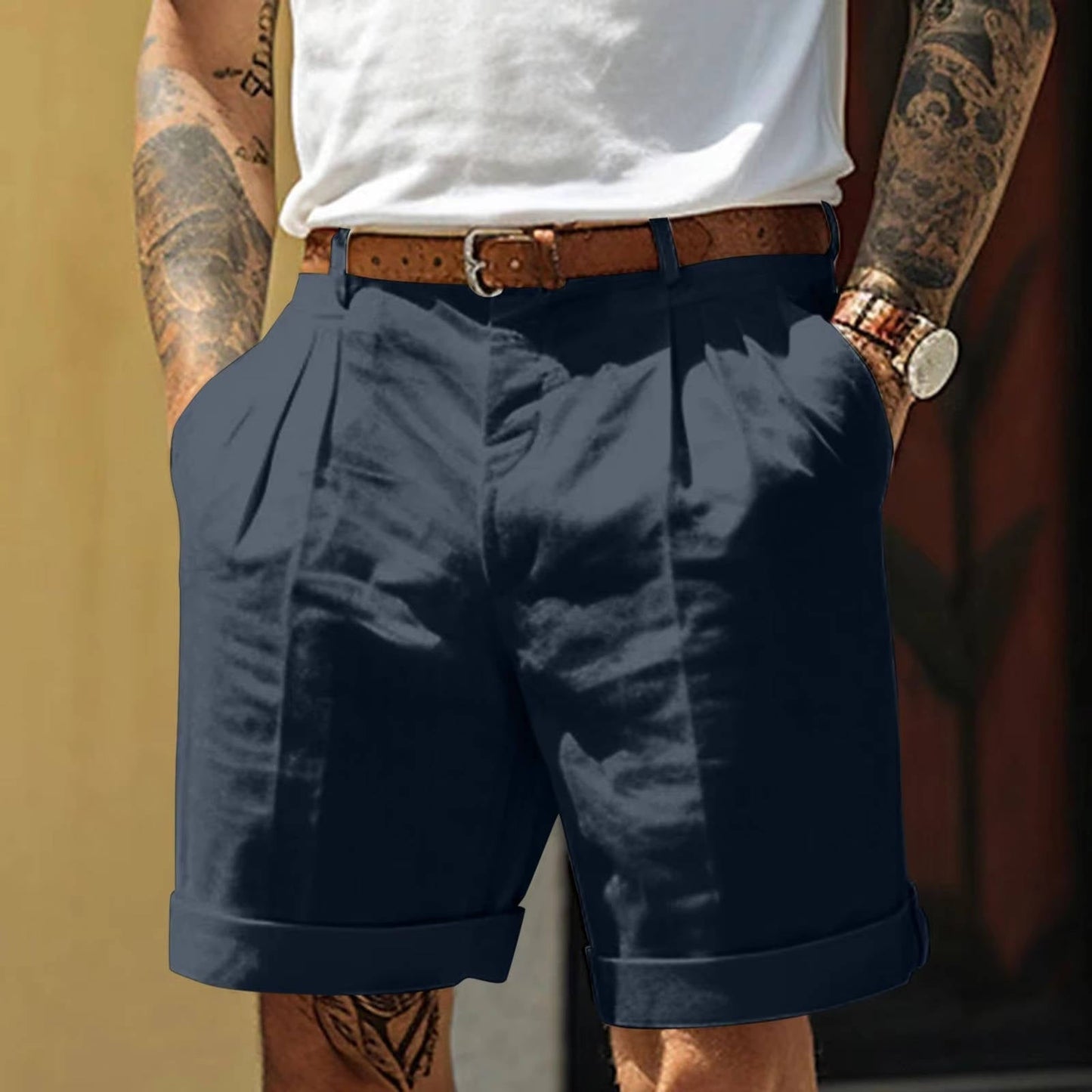 Mens Classic White Pleated Cotton Linen Blend Shorts With Cuffed Hem For Everyday Comfort