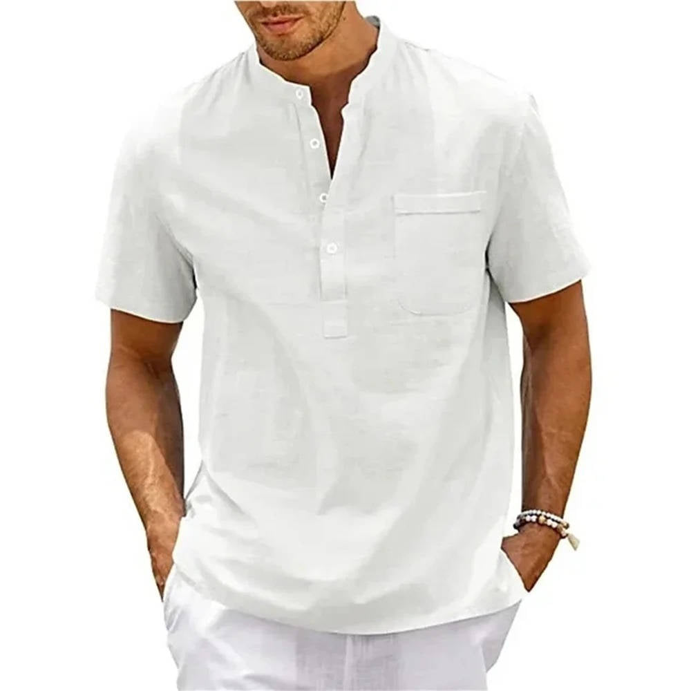 Beige Men's Linen Henley Shirt Short Sleeves Lightweight Relaxed Fit Casual Summer Top With Chest Pocket