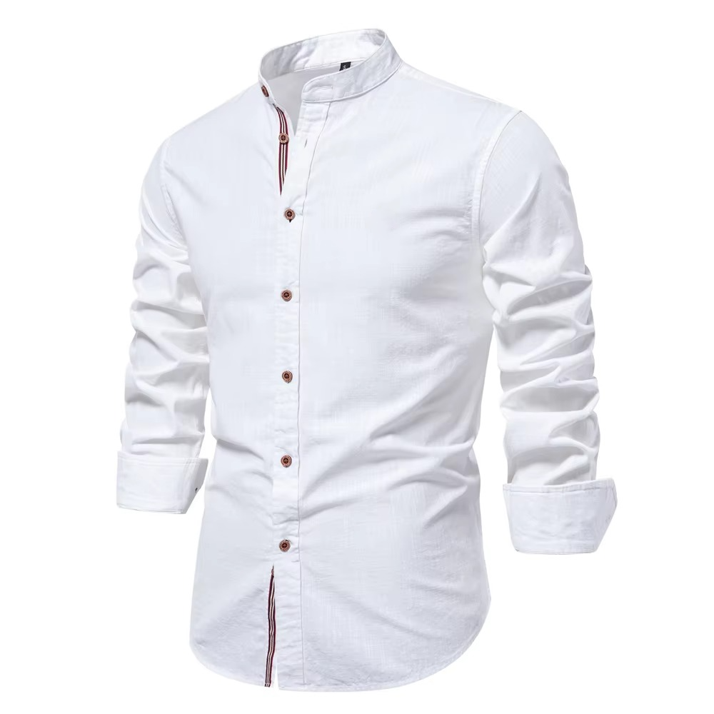 TrendAura Men's Casual Cotton Long Sleeve Shirt With Stand Collar And Striped Placket