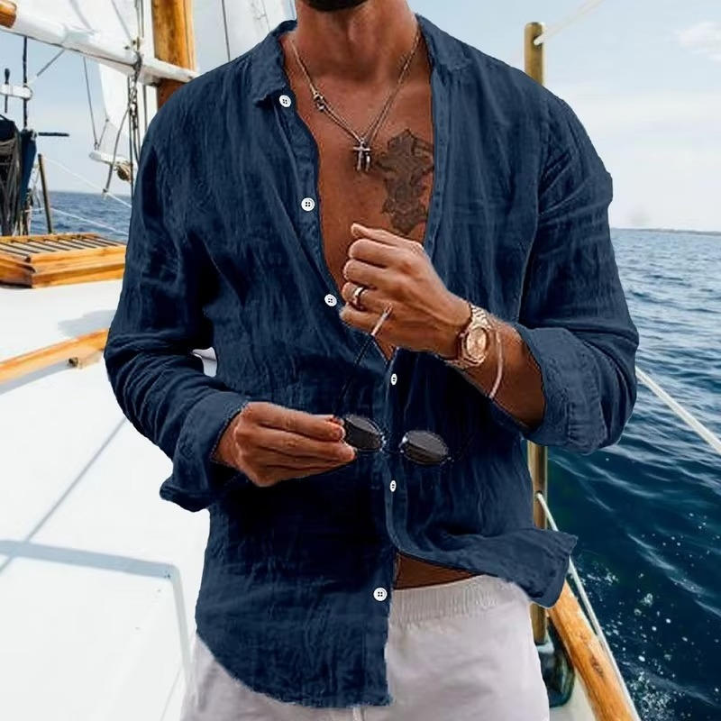TrendAura Mens Linen Long Sleeve Shirt Breathable Lightweight Casual Daily Wear Top Natural Beige