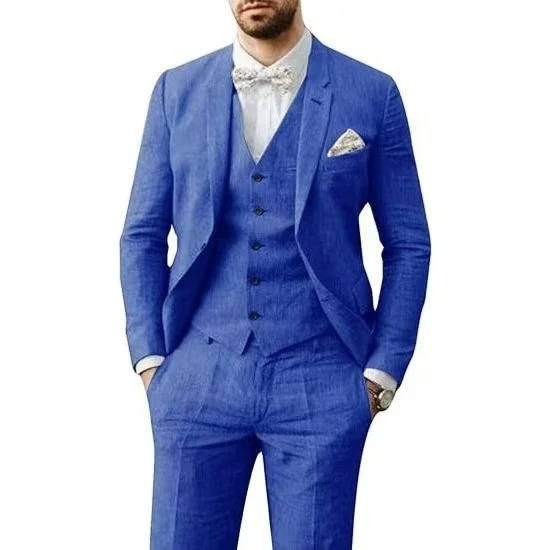 Men's Casual Linen Suit With Vest In Light Blue For Summer Weddings By TrendAura Brand