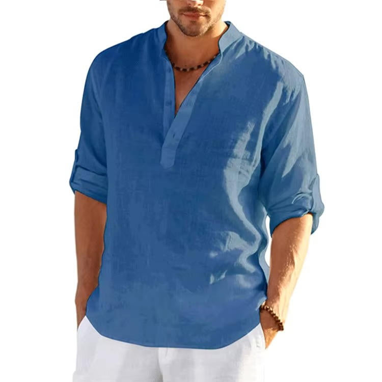 Men's Linen Henley Shirt With Rolled Sleeves Breathable Lightweight Casual Summer Style By TrendAura