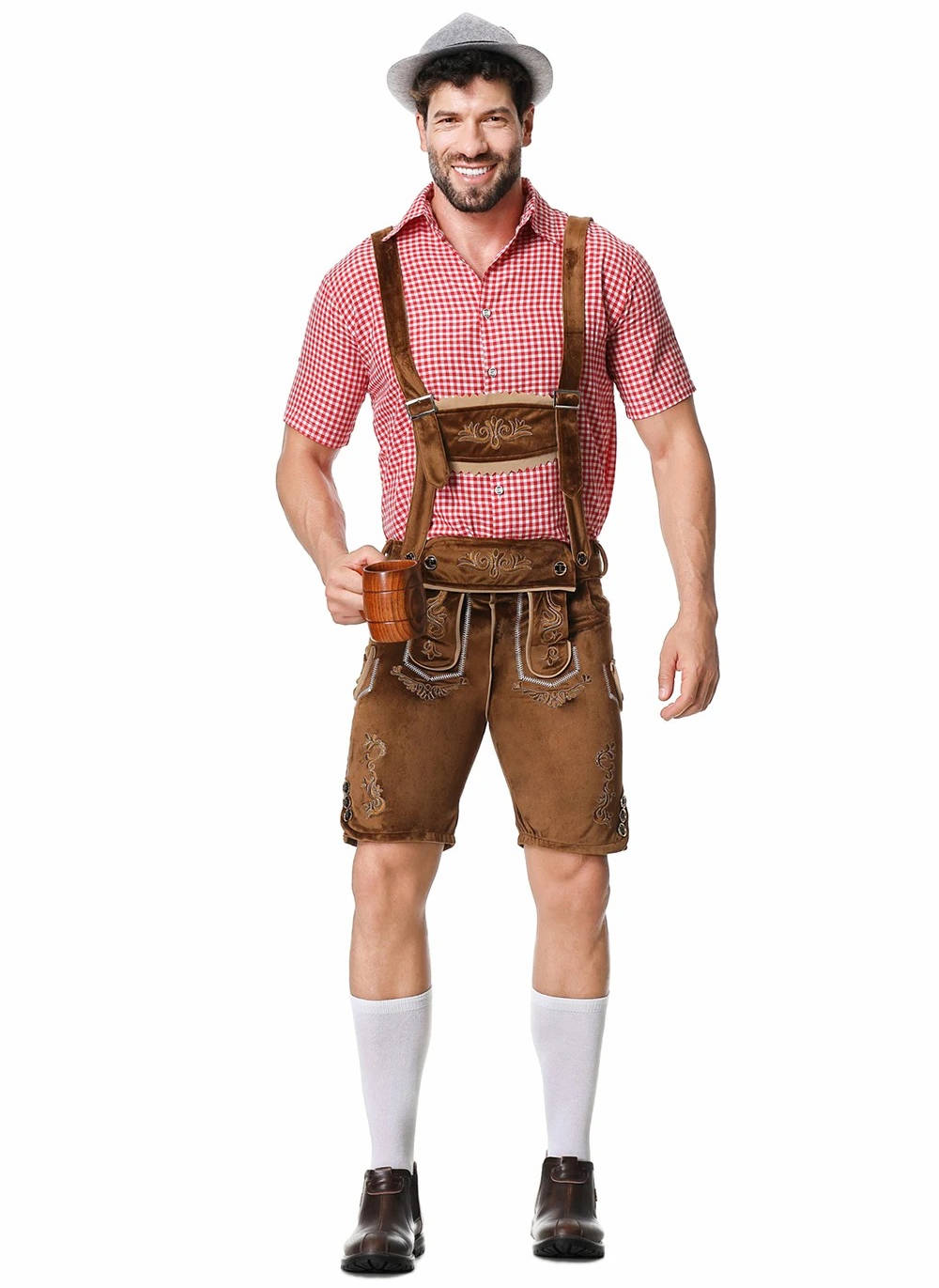 TrendAura Lederhosen Short Men Full Set Bavarian Oktoberfest Costume With Embroidered Suspenders