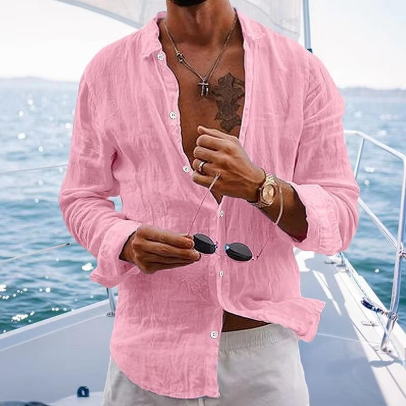 TrendAura Mens Linen Long Sleeve Shirt Breathable Lightweight Casual Daily Wear Top Natural Beige
