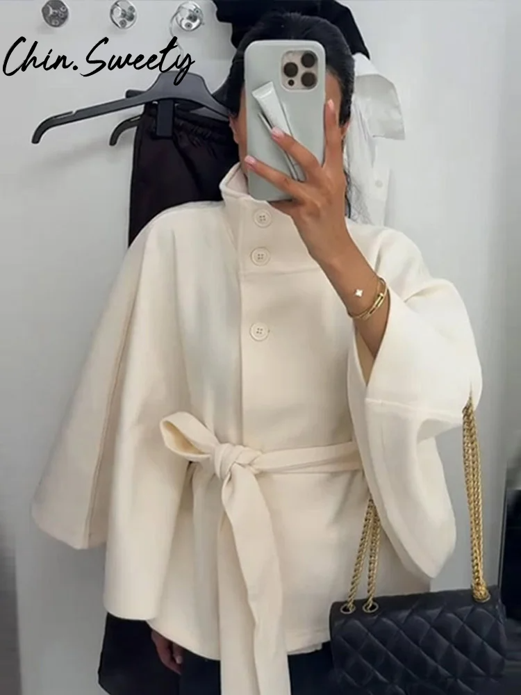 Women’s Cape Jacket – Wool Blend – High Neck – Belted Waist – Draped Silhouette