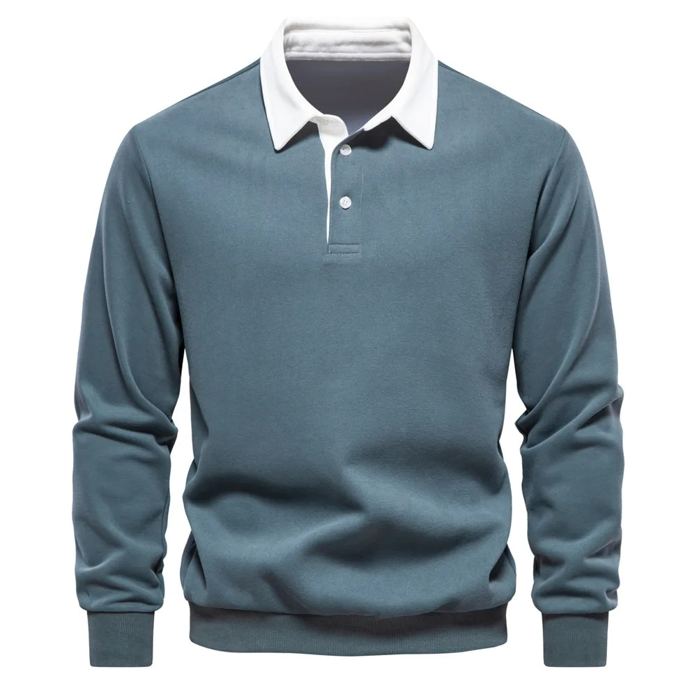 Mens Long Sleeve Polo Shirt Cotton Blend Comfort Fit Casual Everyday Wear Navy White Collar