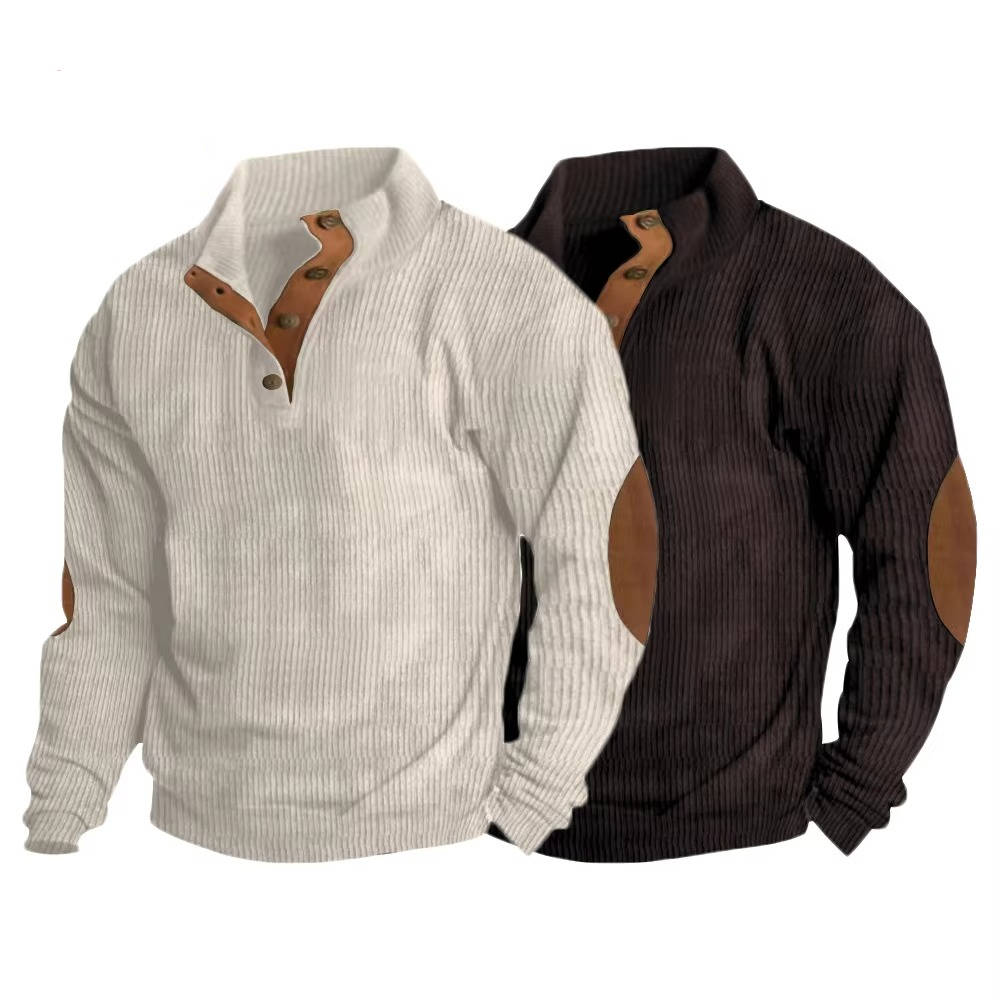 Mens Button Neck Pullover Sweater With Elbow Patches Casual Classic Knit Warm Everyday Wear