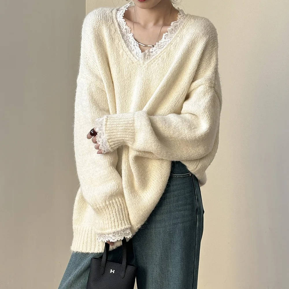 TrendAura Womens V Neck Sweater Lace Neckline - Feminine Style For Everyday Comfort
