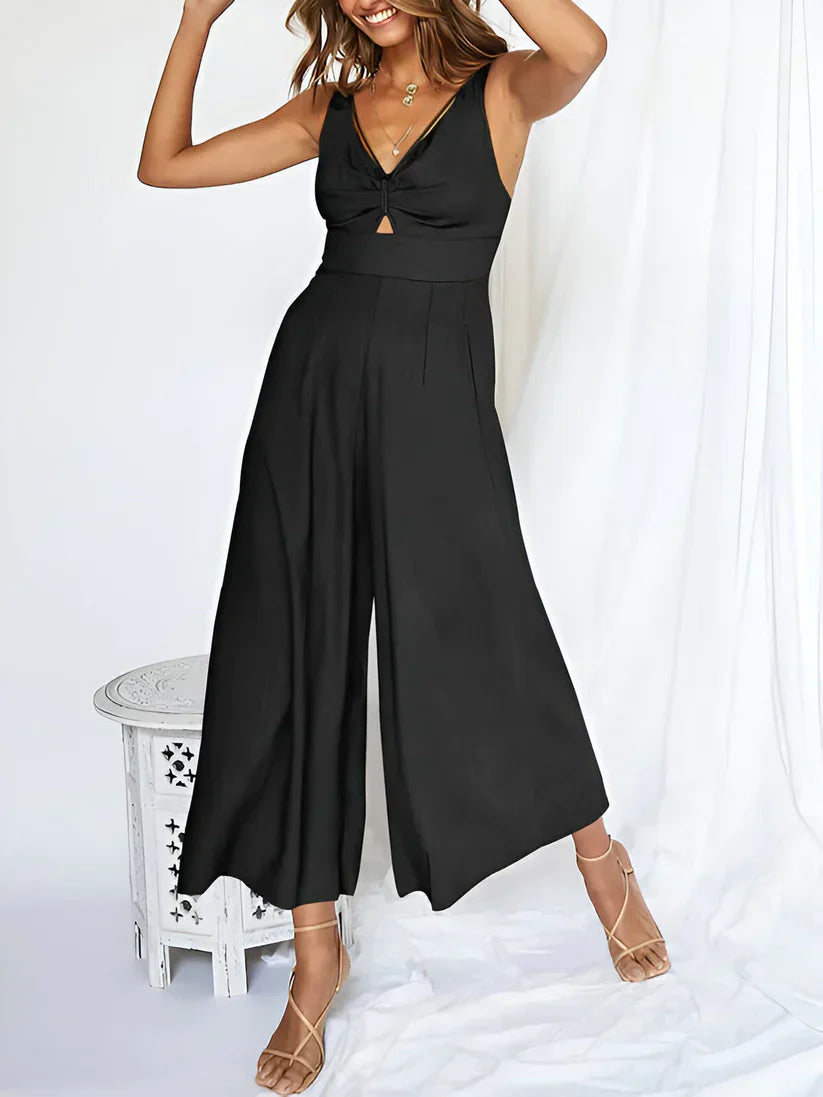 Women's Sleeveless V Neck Jumpsuit With High Waist And Wide Leg Comfort Navy Blue