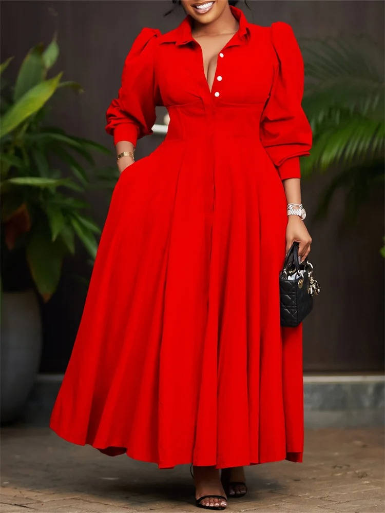 Women Casual Button Long Sleeve Dresses