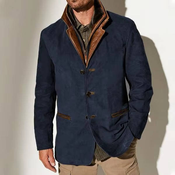 Men's Suede Blazer Jacket by TrendAura Olive Brown Suede with Leather Trim Dressy Casual Coat