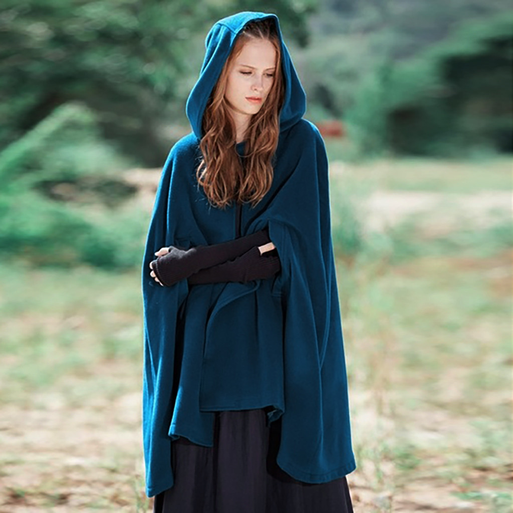 Women’s Cape – Loose Fit – Hooded – Wool Blend – Open Front Mid-Length Draped Style