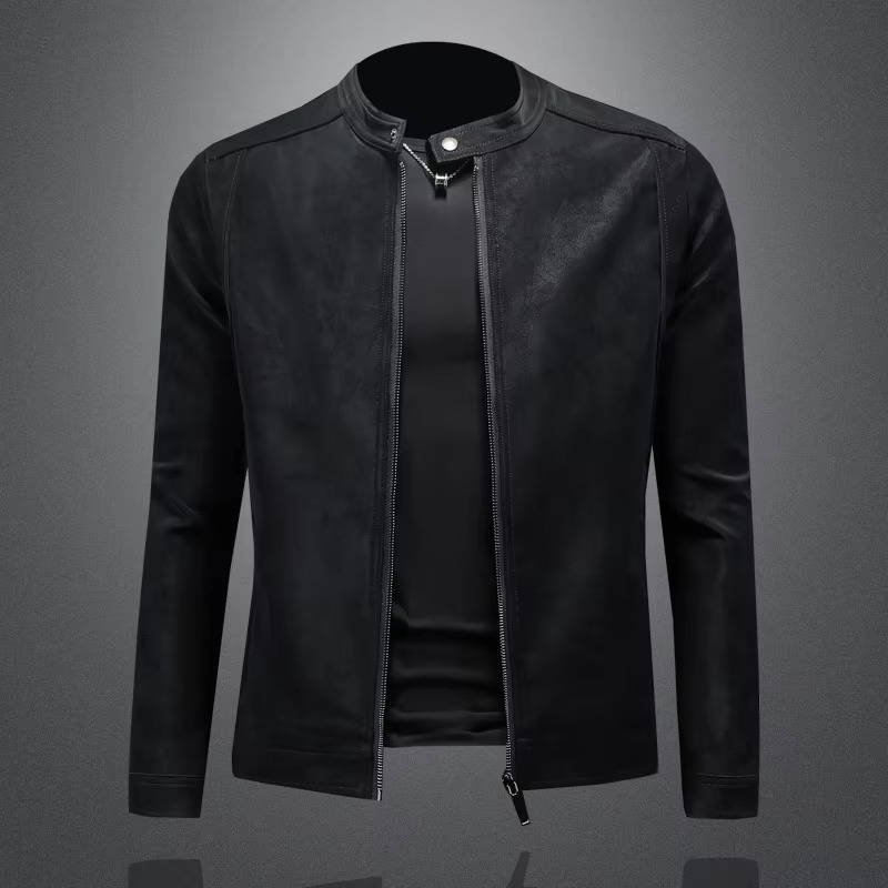 TrendAura Mens Matte Leather Jacket With Stand Collar Premium Soft Leather For Everyday Style