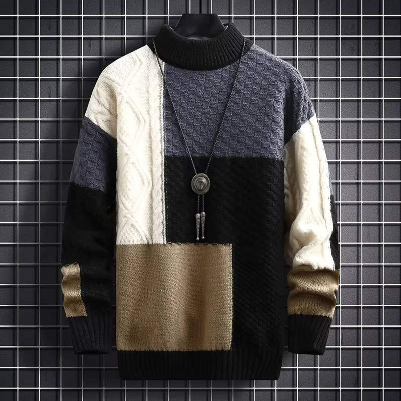Mens Patchwork Knit Sweater With Colorblock Panels For Casual Warmth By TrendAura