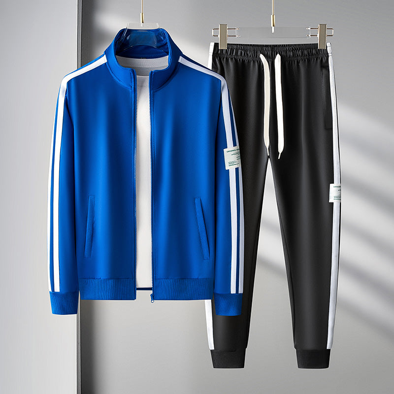 Mens Two Piece Athletic Tracksuit Set With Zip Front Jacket And Joggers Black With Green Stripe Accents