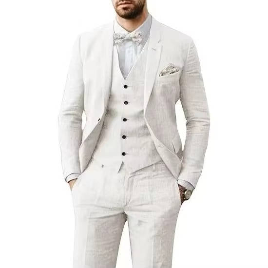 Men's Casual Linen Suit With Vest In Light Blue For Summer Weddings By TrendAura Brand