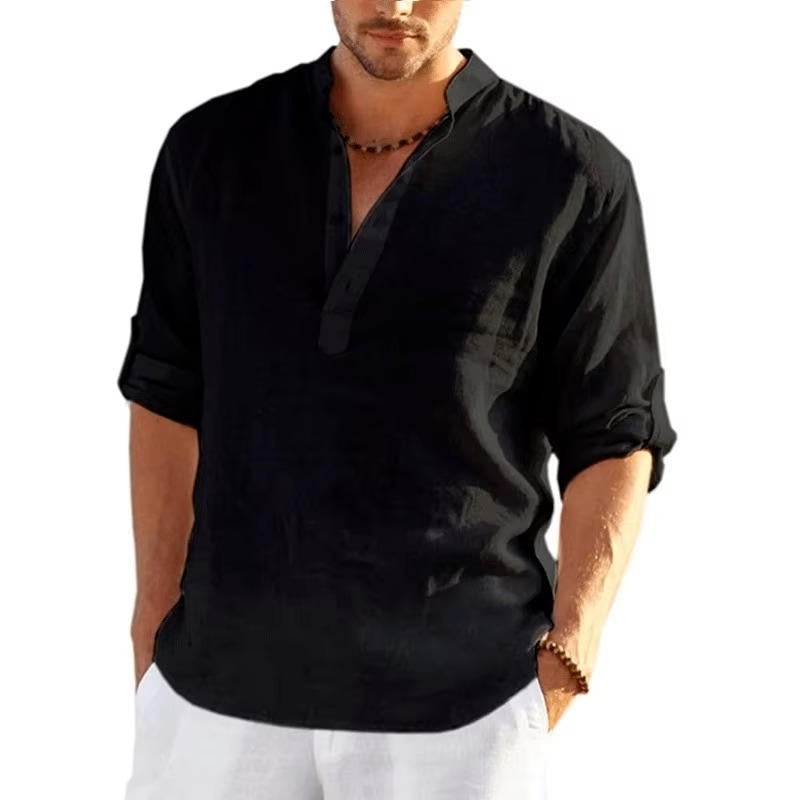 Men's Linen Henley Shirt With Rolled Sleeves Breathable Lightweight Casual Summer Style By TrendAura
