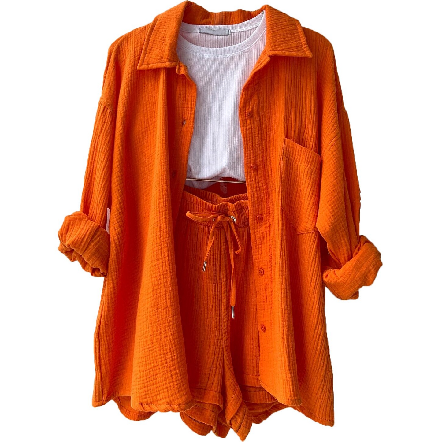 Women's Set - Lightweight Cotton - Button-Up Shirt & Elastic Waist Shorts