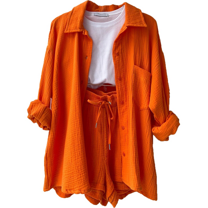 Women's Set - Lightweight Cotton - Button-Up Shirt & Elastic Waist Shorts