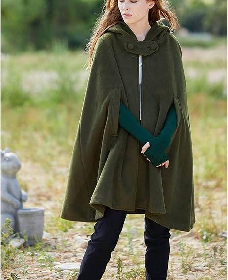 Women’s Cape – Loose Fit – Hooded – Wool Blend – Open Front Mid-Length Draped Style