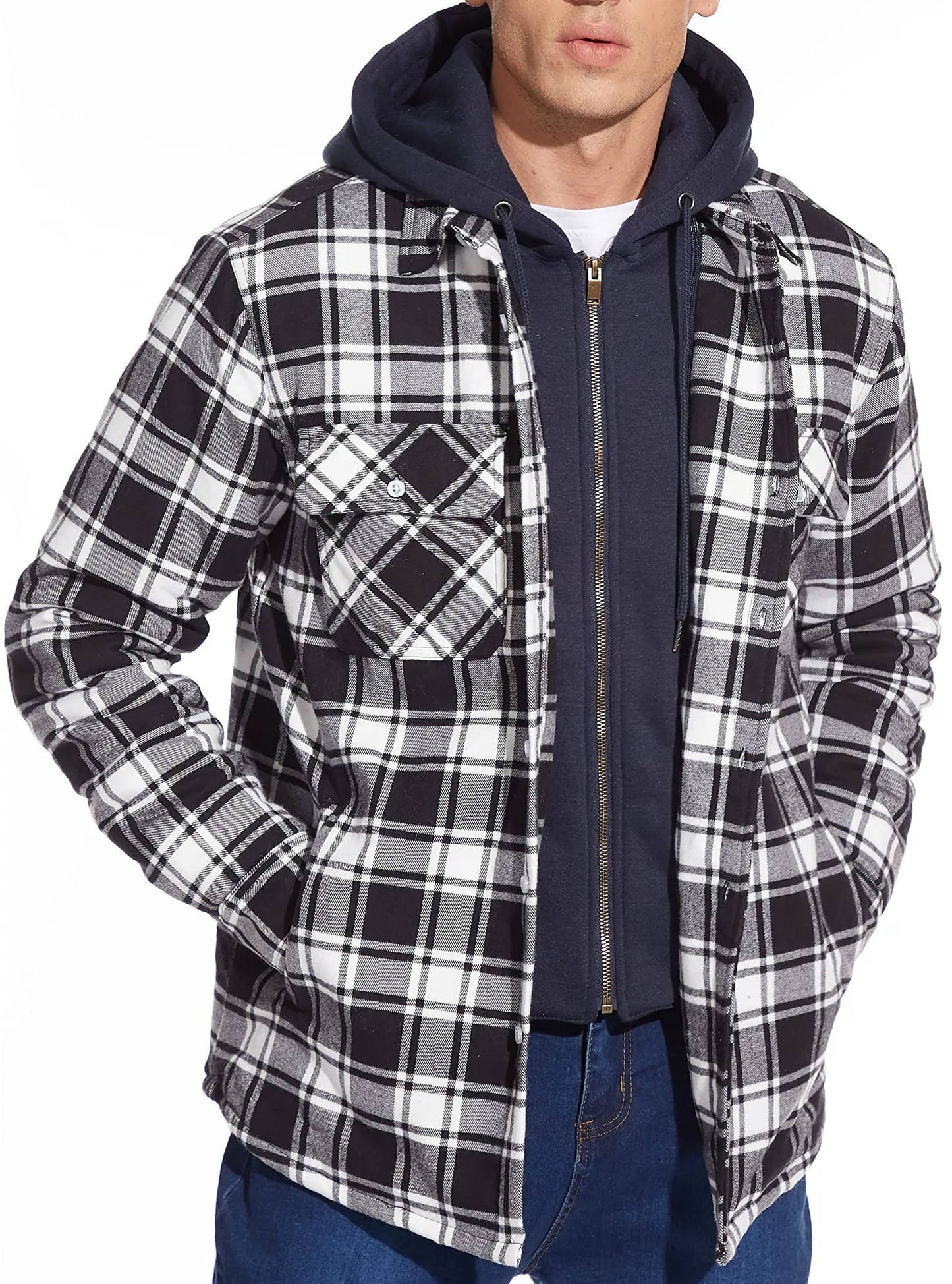 TrendAura Mens Hooded Plaid Bomber Jacket With Zip Front And Warm Lining For Everyday Wear