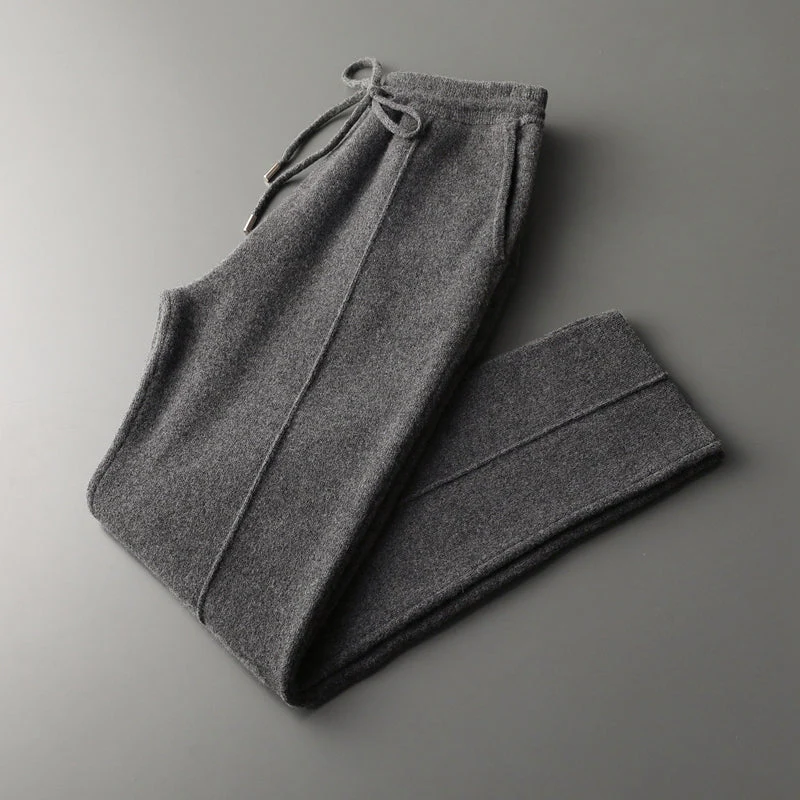 Men's Knit Trousers Relaxed Fit With Elastic Waistband Front Seams Inseam Pockets By TrendAura