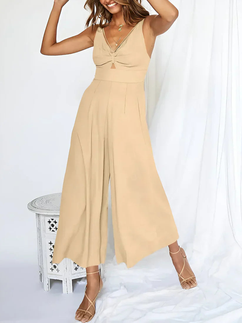 Women's Sleeveless V Neck Jumpsuit With High Waist And Wide Leg Comfort Navy Blue