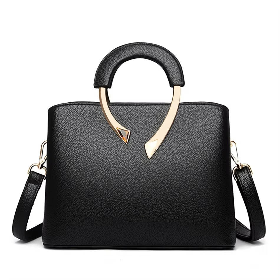 TrendAura Pebbled Leather Handbag With Gold Metal Handle - Polished Structured Everyday Essential