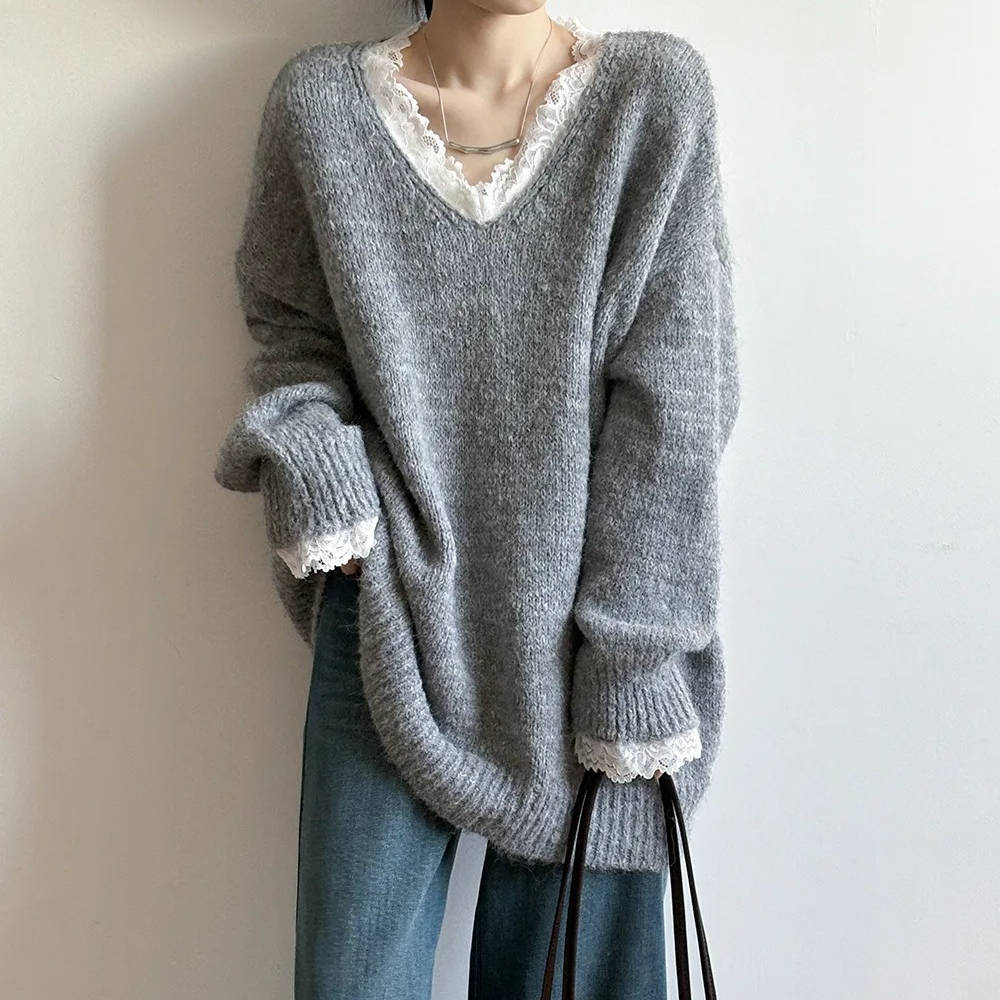 TrendAura Womens V Neck Sweater Lace Neckline - Feminine Style For Everyday Comfort