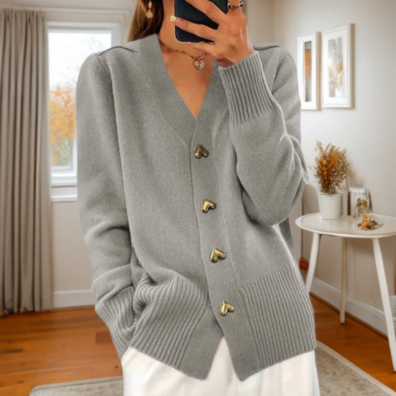Emma Wool Blend Cardigan For Women With V Neck And Heart Shaped Buttons Soft Cozy