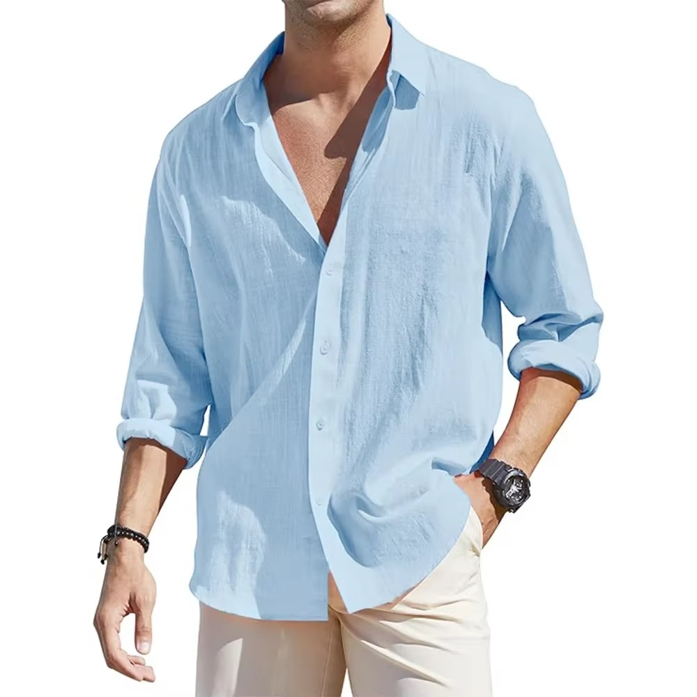 Mens Long Sleeve Linen Button Down Shirt For Cool Comfortable Everyday Style By TrendAura